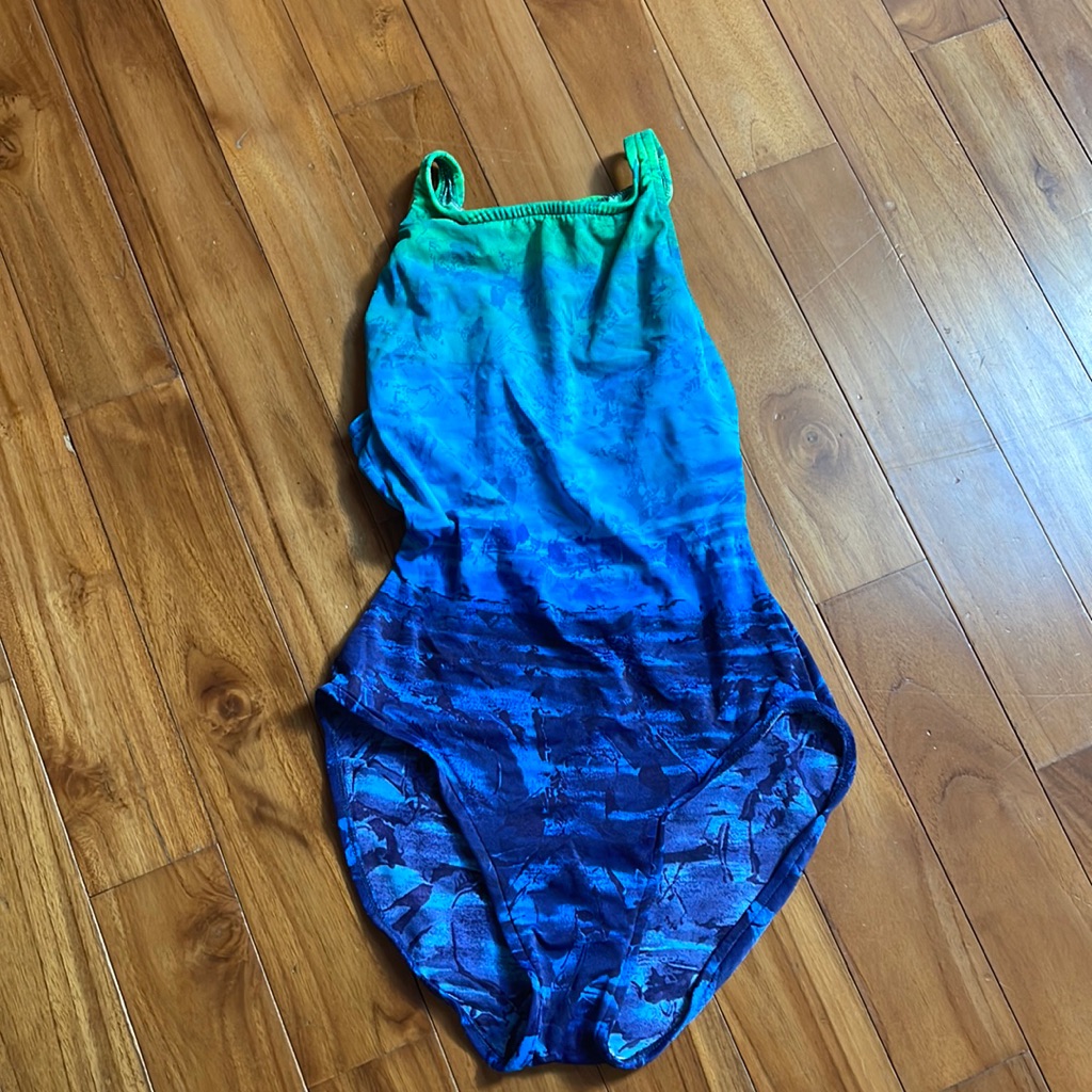 Vintage Swimwear Swimsuit Tie Dye Sport Suit Racer Back Blue Green Size 12 Y2k